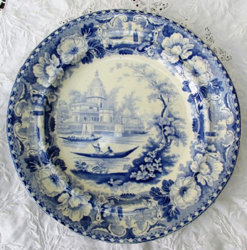 Antique  English Georgian Blue and White Transfer "Surseya Ghaut Khanpore" Pattern Pottery Plate ~ "Oriental Scenery Cartouche" Series