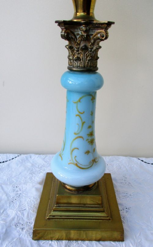 fig 1. Antique English Victorian Blue Glass Column Oil Lamp