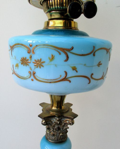 fig 2. Antique English Victorian Blue Glass Column Oil Lamp