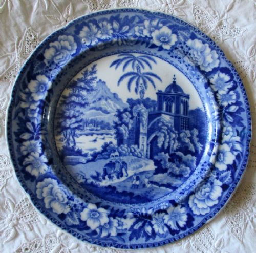 Antique English Georgian Blue and White Transfer Plate "View in the Fort, Madura" ~ Herculaneum