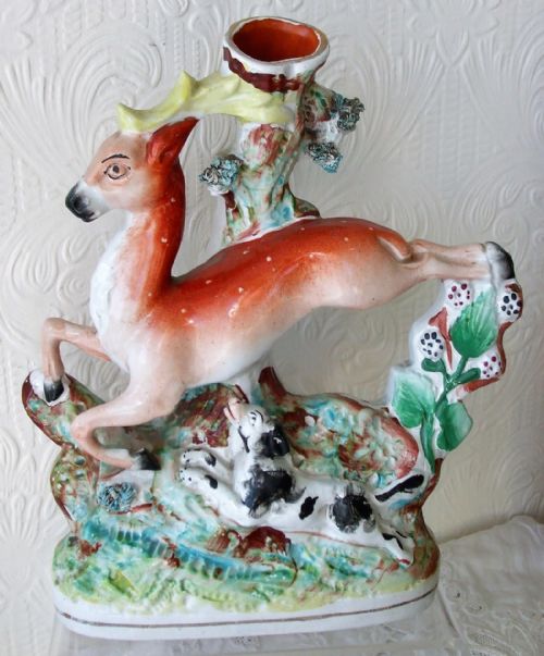 Antique English Victorian Staffordshire Pottery Spill Vase ~ "Stag Chased by a Dog" ~ H 2916