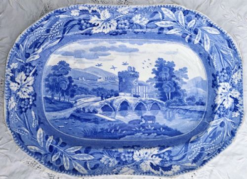 Antique English Georgian Blue and White Transfer "Bridge of Lucano" Pattern Pottery Dish ~ Spode