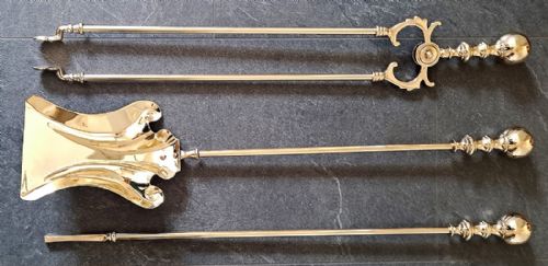 Set of Antique English Edwardian Brass Fire Irons ~ Poker, Shovel & Tongs
