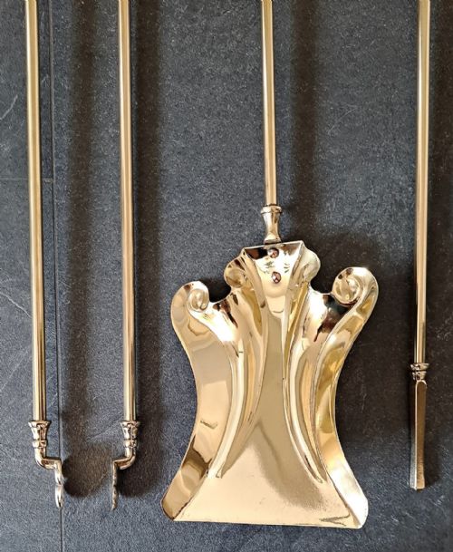 fig 2. Set of Antique English Edwardian Brass Fire Irons ~ Poker, Shovel & Tongs
