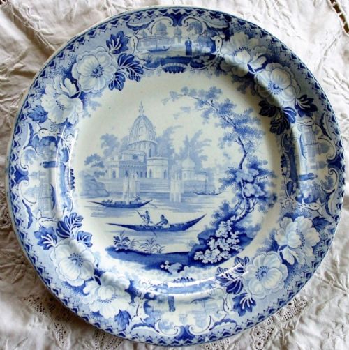 Antique  English Georgian Blue and White Transfer "Surseya Ghaut Khanpore" Pattern Pottery Plate ~ "Oriental Scenery Cartouche" Series ~ Sack 4-15