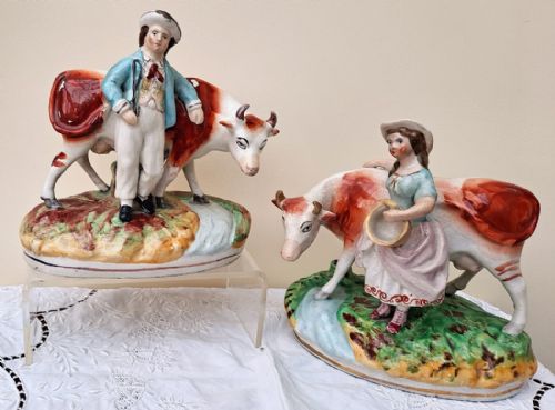 Pair of Antique English Victorian Staffordshire Pottery Figures ~ "Milkman and Milkmaid with Cows" ~ H 2314d / H 2314c