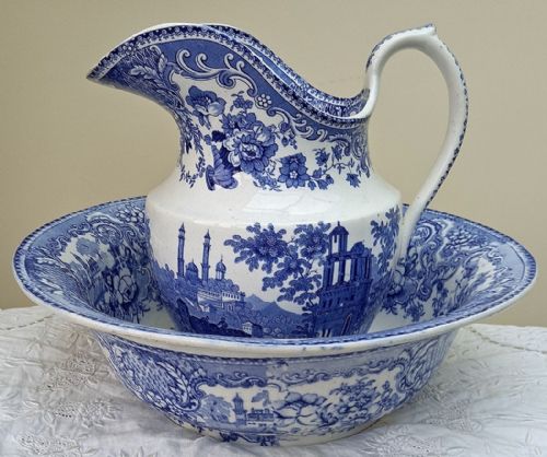 Antique English Georgian Blue & White Transfer "Indian Temple" Pattern Pottery Ewer & Basin