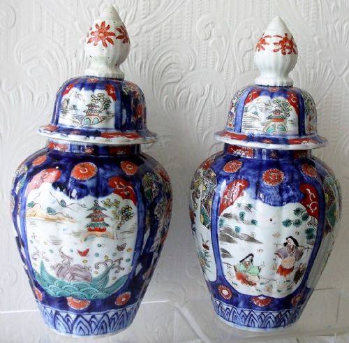 Pair of Antique Japanese Meiji Period Imari Vases and Covers