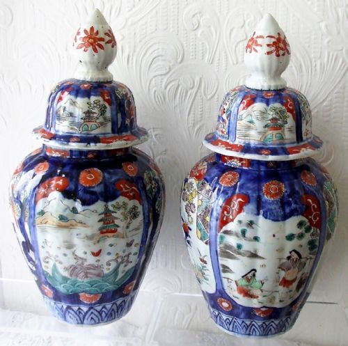 fig 1. Pair of Antique Japanese Meiji Period Imari Vases and Covers