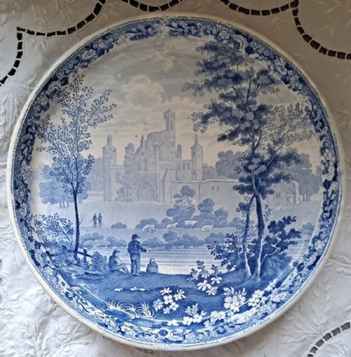 Antique English Georgian Blue and White Transfer "Kirkstall Abbey, Yorkshire" Tazza