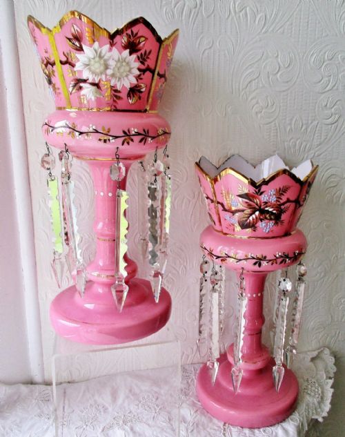 fig 1. Pair of Antique English Victorian Pink Glass Lustres