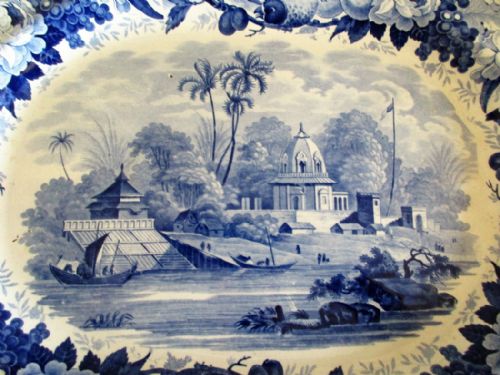 Antique English Georgian Blue and White Transfer Pottery Serving Dish / Platter ~ "Part of the City of Moorshedabad"
