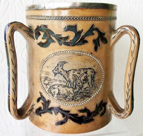 ANTIQUE ENGLISH VICTORIAN DOULTON LAMBETH SILVER MOUNTED STONEWARE TYG FLORENCE E BARLOW - ADDITIONAL PHOTO 1