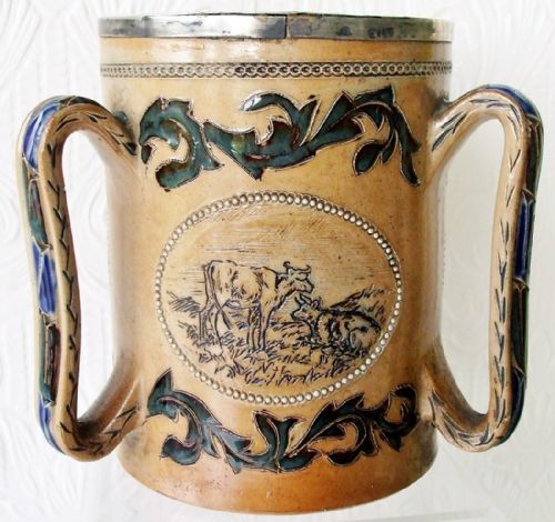ANTIQUE ENGLISH VICTORIAN DOULTON LAMBETH SILVER MOUNTED STONEWARE TYG FLORENCE E BARLOW - ADDITIONAL PHOTO 2