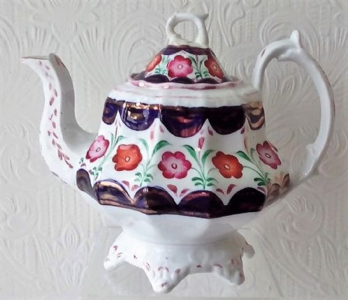 Antique Victorian Gaudy Welsh "Maypole" Pattern Pottery Teapot