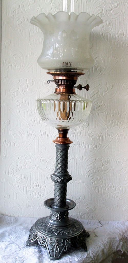 Antique English Victorian Pewter and Copper Oil Lamp