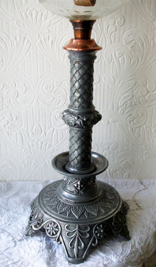 fig 1. Antique English Victorian Pewter and Copper Oil Lamp