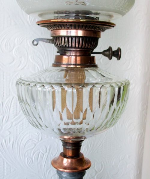 fig 2. Antique English Victorian Pewter and Copper Oil Lamp