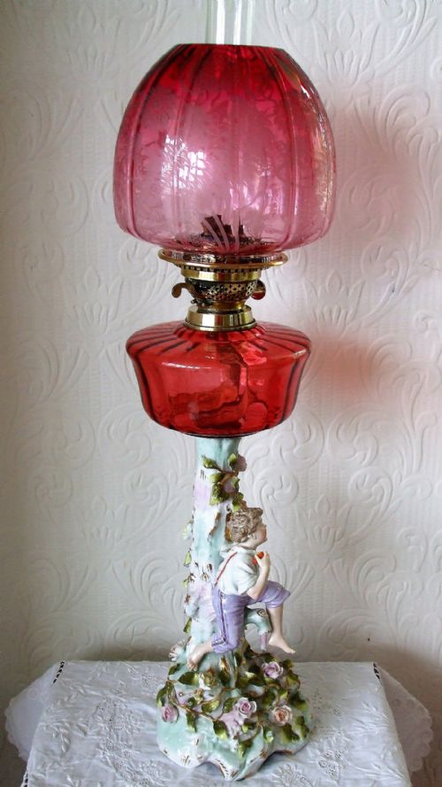 fig 1. Antique German Victorian Porcelain and Cranberry Glass Oil Lamp