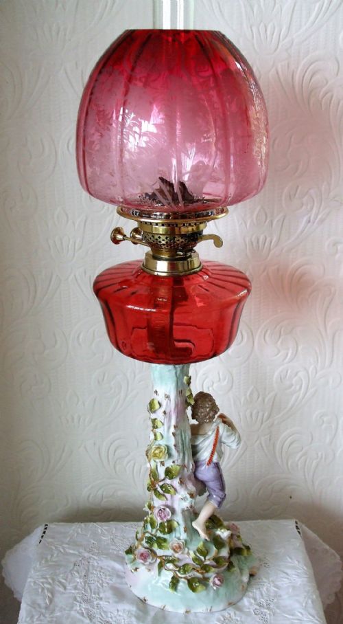 fig 2. Antique German Victorian Porcelain and Cranberry Glass Oil Lamp