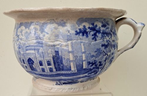 Antique English Georgian Blue and White Transfer "Parrot Border" Childs Chamber Pot ~ Tomb of the Emperor Shah Jehan