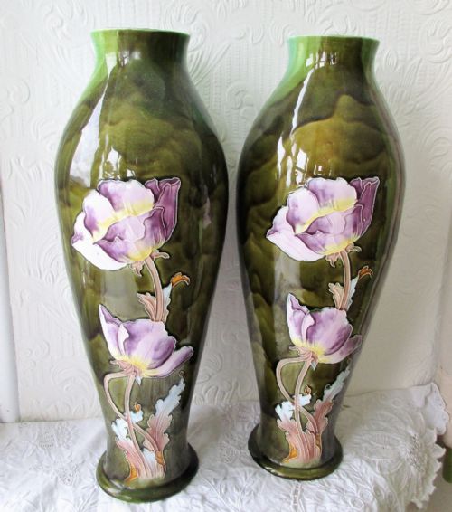 PAIR OF ANTIQUE FRENCH FAIENCE ART NOUVEAU VASES - ADDITIONAL PHOTO 2