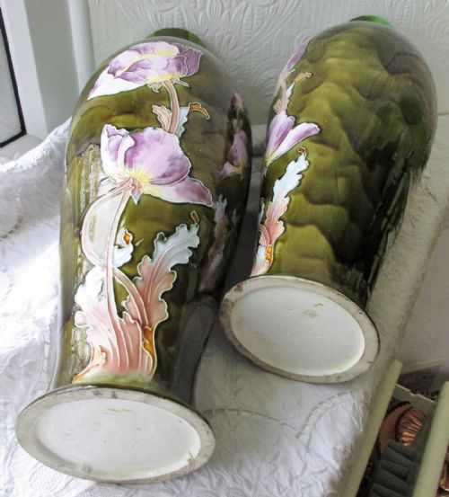 PAIR OF ANTIQUE FRENCH FAIENCE ART NOUVEAU VASES - ADDITIONAL PHOTO 4