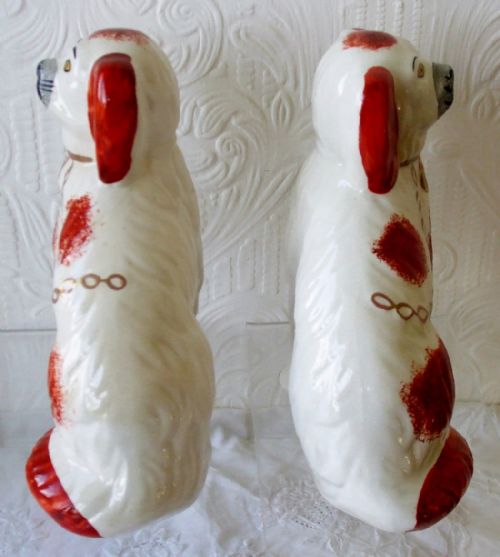 fig 1. A pair of seated Victorian Staffordshire earthenware spaniel figurines painted white with russet patches, black snouts, and gold collars with chains.