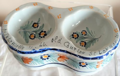 ANTIQUE HB QUIMPER FRENCH FAIENCE DOUBLE TABLE SALT - ADDITIONAL PHOTO 3