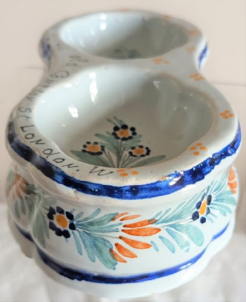 ANTIQUE HB QUIMPER FRENCH FAIENCE DOUBLE TABLE SALT - ADDITIONAL PHOTO 4