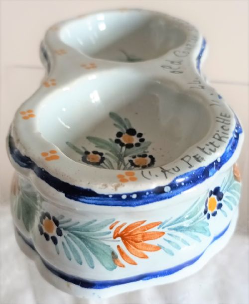 ANTIQUE HB QUIMPER FRENCH FAIENCE DOUBLE TABLE SALT - ADDITIONAL PHOTO 6