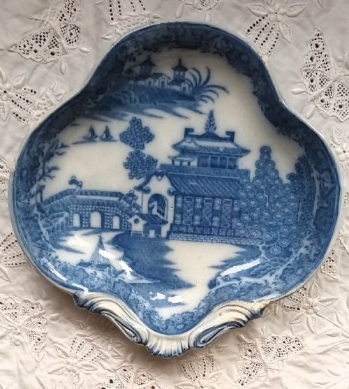 Antique English Georgian Blue and White Transfer Two Man / Scroll Chinoiserie Pattern Pottery Trefoil Dish