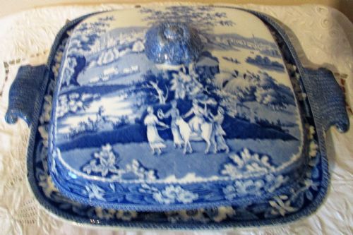 ANTIQUE ENGLISH GEORGIAN BLUE AND WHITE EUROPA PATTERN POTTERY VEGETABLE TUREEN AND COVER J R RILEY - ADDITIONAL PHOTO 6