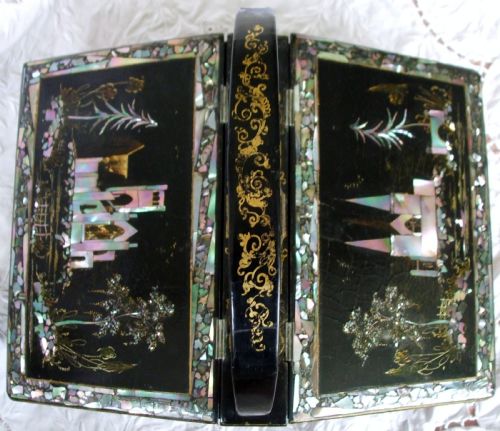 ANTIQUE ENGLISH VICTORIAN PAPIERMCH NEEDLEWORK CASKET - ADDITIONAL PHOTO 1