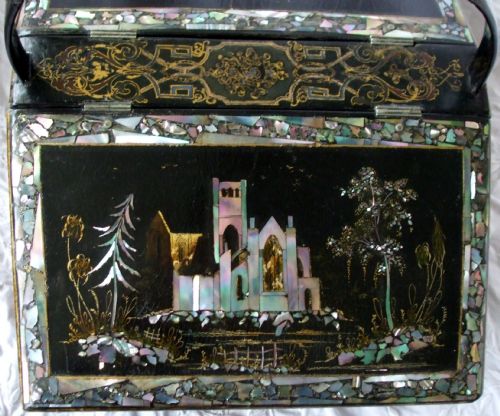 ANTIQUE ENGLISH VICTORIAN PAPIERMCH NEEDLEWORK CASKET - ADDITIONAL PHOTO 3