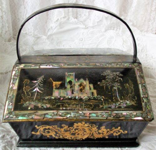 ANTIQUE ENGLISH VICTORIAN PAPIERMCH NEEDLEWORK CASKET - ADDITIONAL PHOTO 4