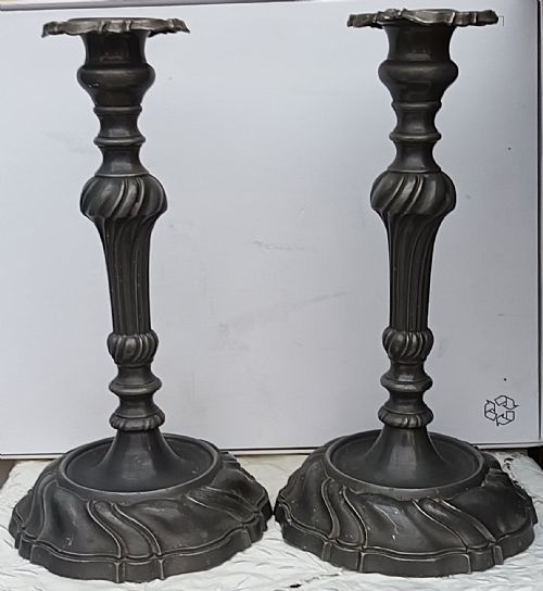 PAIR OF ANTIQUE VICTORIAN PEWTER ROCOCO CANDLESTICKS - ADDITIONAL PHOTO 2