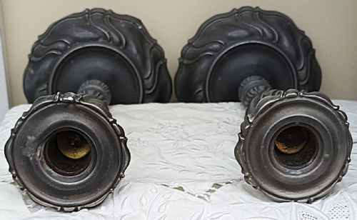 PAIR OF ANTIQUE VICTORIAN PEWTER ROCOCO CANDLESTICKS - ADDITIONAL PHOTO 4