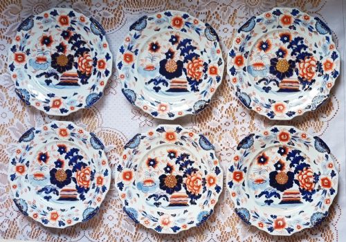 Set of Six Antique English Georgian "Japan" Pattern Ironstone China Plates