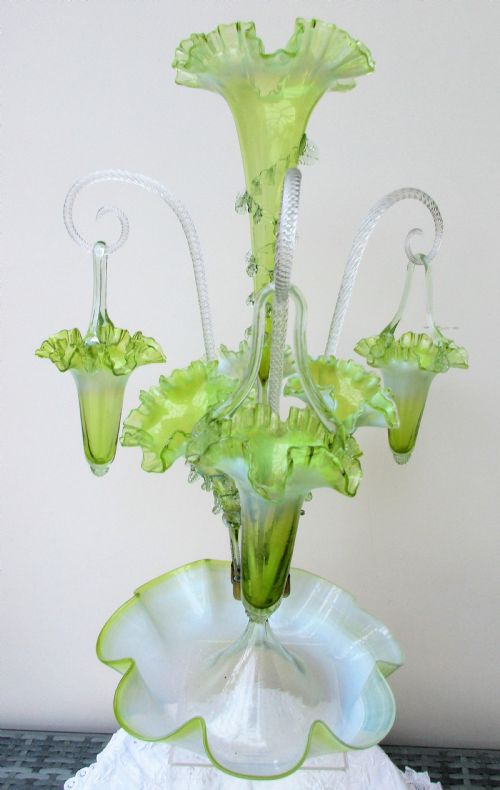 Antique English Victorian Green Vaseline Glass Epergne