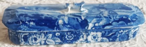 Antique English Georgian Blue and White Transfer Ware Toothbrush Box