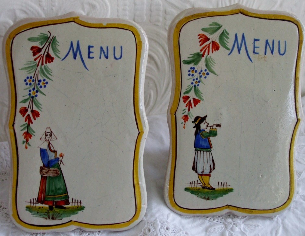 Pair of Antique HR Quimper French Faience Menu Holders