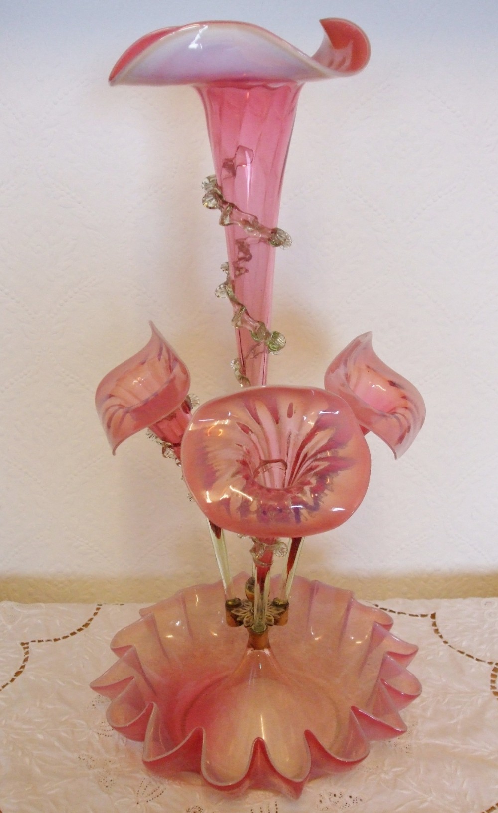 Antique English Victorian Pink Vaseline Glass Jack-in-the-Pulpit Epergne
