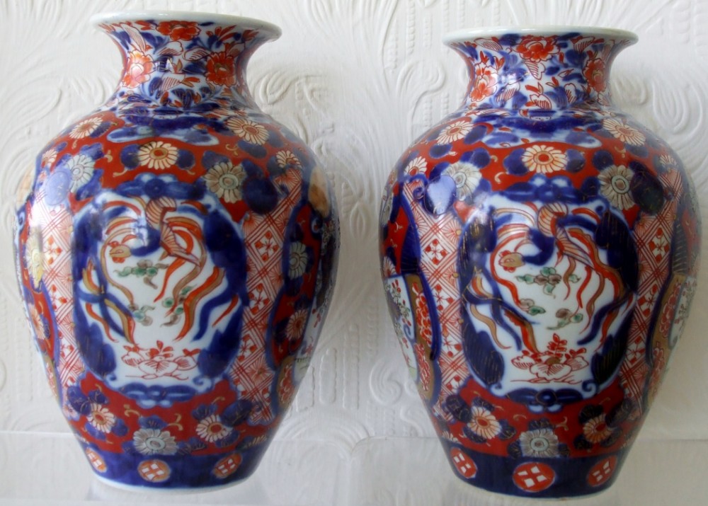Harlequin Pair of Antique Japanese Meiji Period Imari Vases