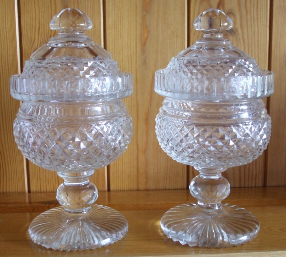 Pair of Antique English  or Irish Victorian Cut Glass Sweetmeat Dishes and Covers