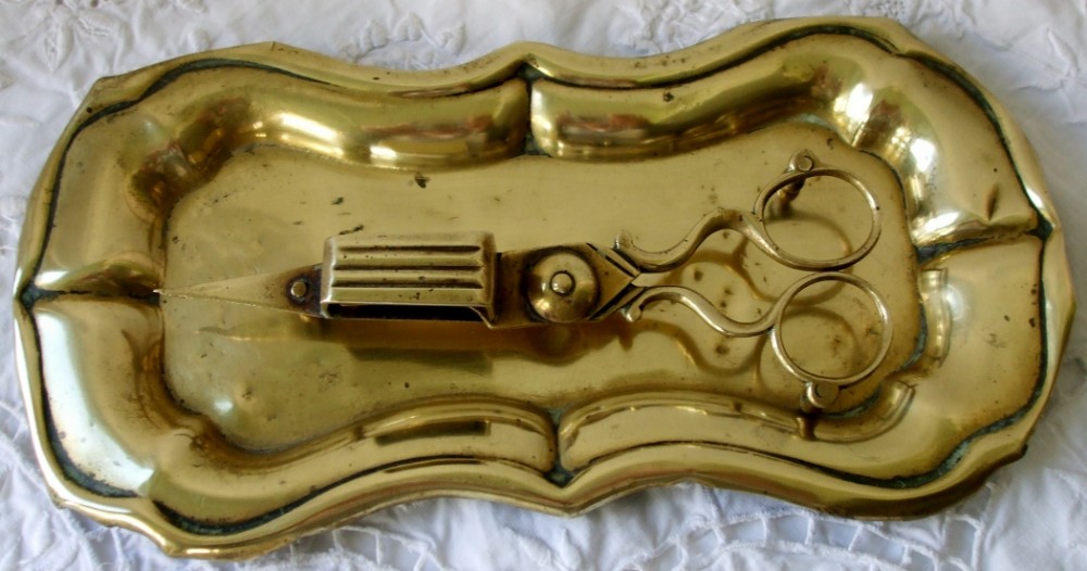 Pair of Antique English Georgian Brass Candle Snuffers and Tray