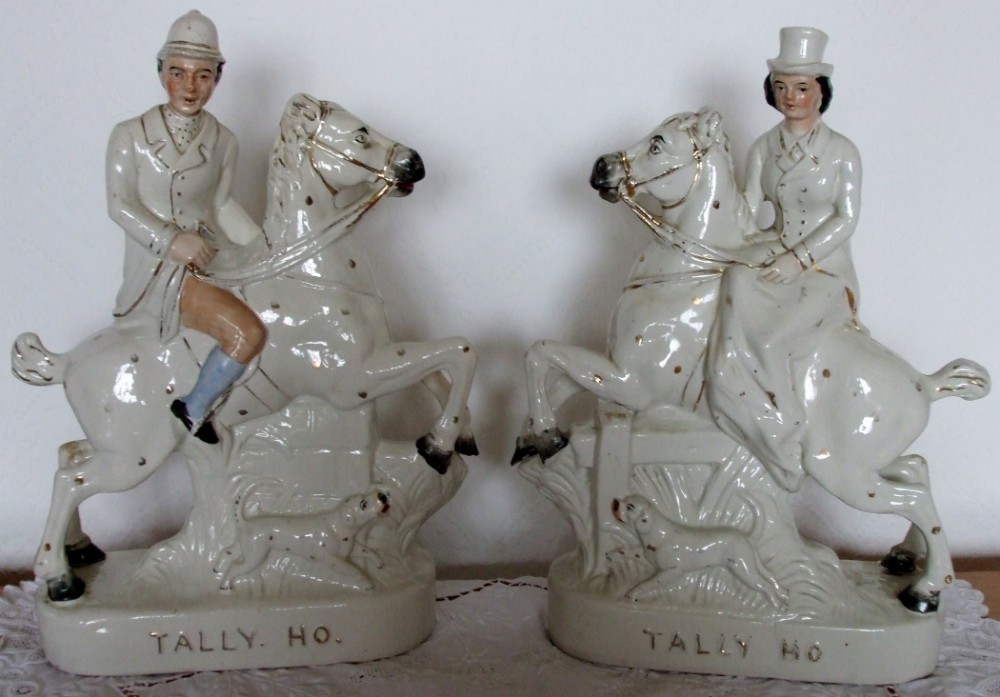Pair of Antique English Victorian Staffordshire Pottery Equestrian Figures ~ 