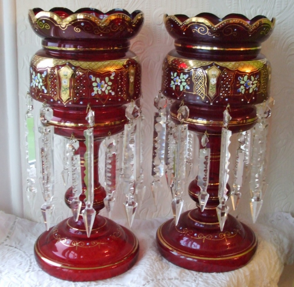 Pair of Antique English Victorian Ruby Glass Lustres