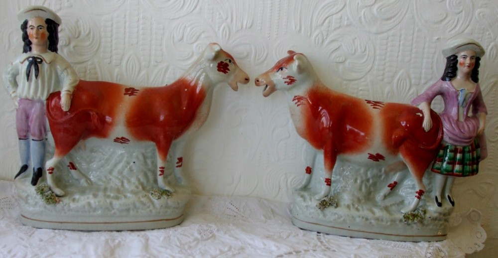 Pair of Antique English Victorian Staffordshire Pottery Cow Creamers ~ 