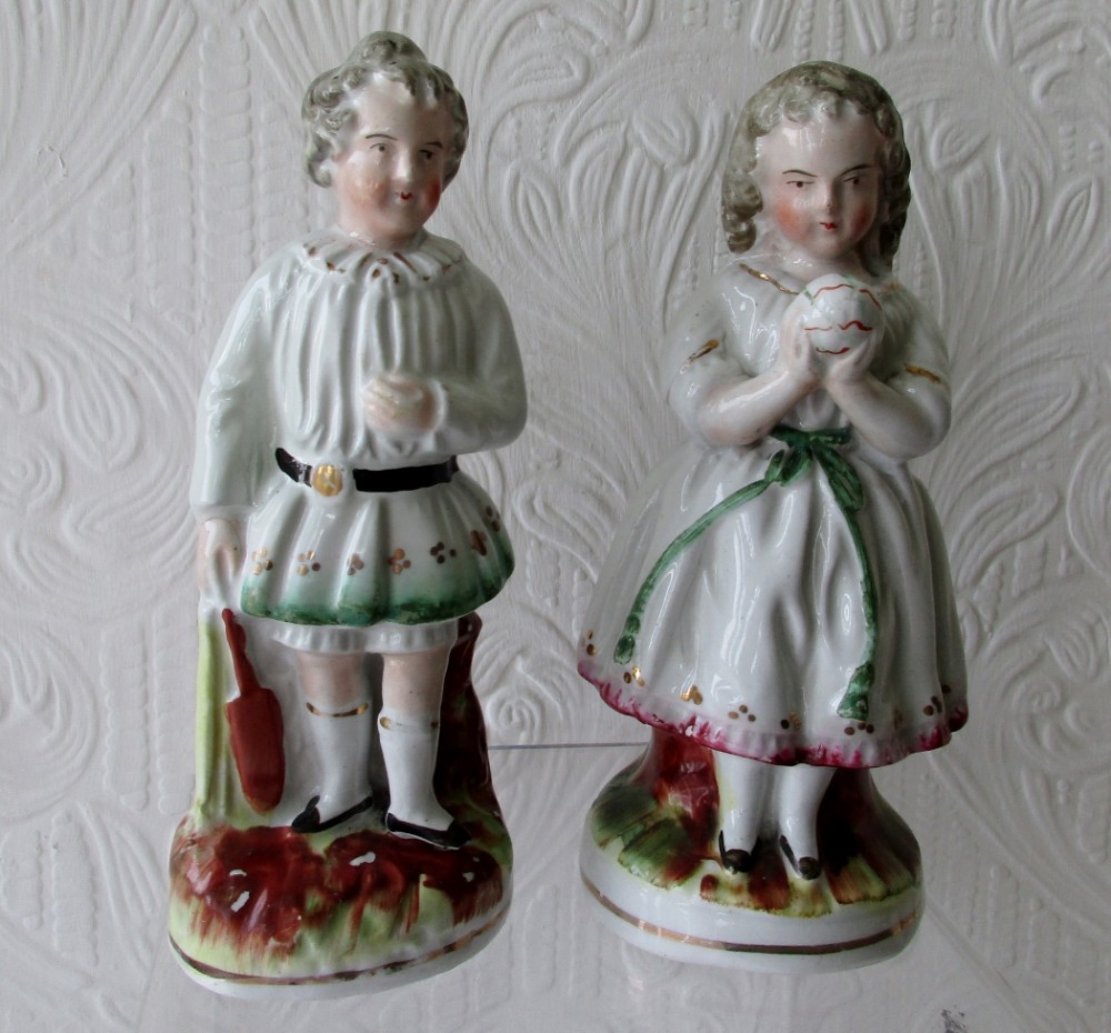 Pair of Antique English Victorian Staffordshire Pottery Figures ~ 
